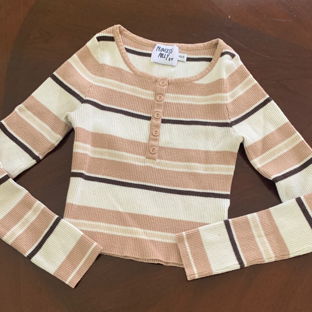 Princess Polly Striped Ribbed Henley Crop Top - Cream, Tan & Brown